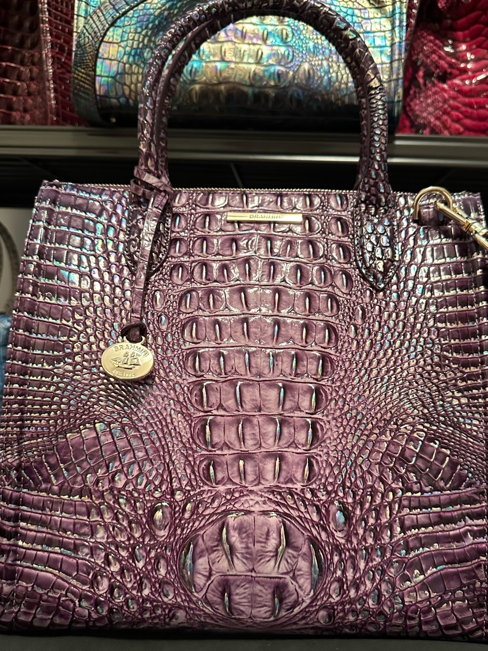 Brahmin Purple Passion Iridescent Plum Croc-Embossed Satchel